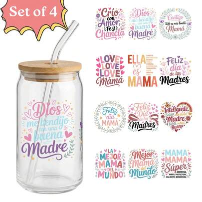 4pcs Spanish Mother's Day UV DTF Transfer Stickers (9.4x4.3in), Feliz Dia De Las Madres Mama Quotes Decals For Coffee Mugs, Ceramic Cups, Libbey Glass, DIY Gifts With Chancla Humor