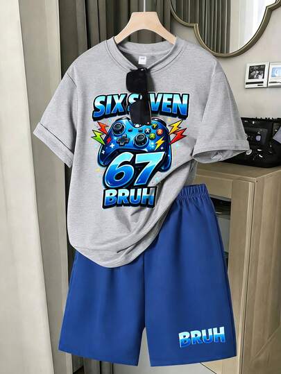 2pcs/Set Boys' Stylish Gaming Graphic Outfit, Oversized Game Controller "67 Bruh" Print T-Shirt And Matching Shorts, Summer Back To School Street Style
