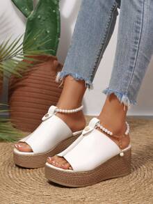 Plus Size European And American High Heel Peep-Toe Sandals Women 2026 Thick Bottom Wedge Peep-Toe Strap Buckle Linen Bottom Slippers - White - View 2