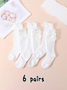 6 Pairs Girls Solid Color Bowknot Decor Ribbed Mid-Calf Knee-High Socks, Versatile Daily Wear For JK Style - Multicolor - View 1