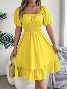 Women's Spring Summer Casual Ditsy Floral Print Dress Short Puff Sleeve Drawstring Waist Flowy A-Line Midi Dress Boho Beach Vacation Holiday Outfit - Yellow - View 12