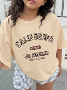 Girls' Vintage California T-Shirt, Loose Leopard Print "Los Angeles" Graphic Tee, Casual Streetwear Top For Back To School & Summer - Apricot - View 7