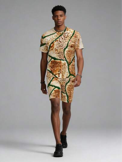 男士豹纹蛇纹拼接短袖T恤+短裤两件套，夏季奢华休闲套装，透气舒适，独特街头风必备单品