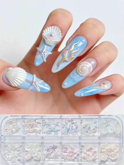 1 Box Ocean Style Nail Art Decorations Set - Mermaid Theme Nail Decorations, Shimmering Aurora Ocean Theme Decorations Including Fish Tail, Seashell, Starfish And Faux Pearl Resin Decorations, Suitable For Nail Salons And DIY Nails