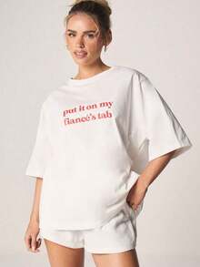 Vintage Put It On My Fiancé's Tab% Cotton Oversized-Shirt |   Daily & Vacation Wear, Spring/Summer Apparel - White - View 1