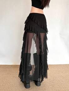 Falda larga asimétrica negra de poliéster con diseño de volantes y alta elasticidad para fiesta, estilo elegante para mujer de YeonC - Negro - Ver 2