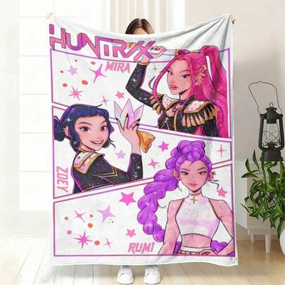 虚拟K-Pop女团卡通法兰绒毯 - 230GSM 四季舒适，多用途，适用于沙发/床/办公室/家居装饰，K-Pop粉丝的完美礼物