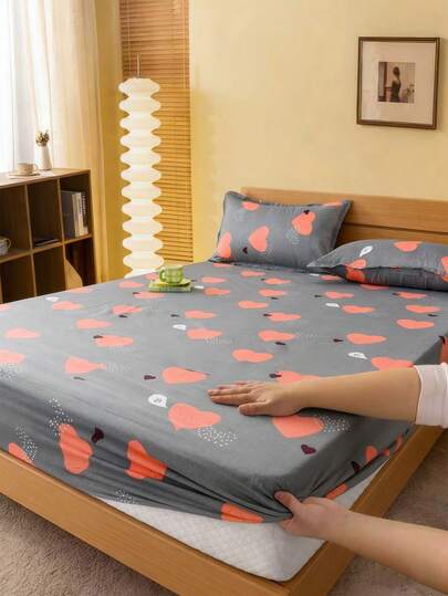 1 Peça Lençol com Elástico Estampado com Padrão de Coração, Roupa de Cama Moderna e Macia, Protetor de Colchão, Adequado para Uso no Quarto de Casa