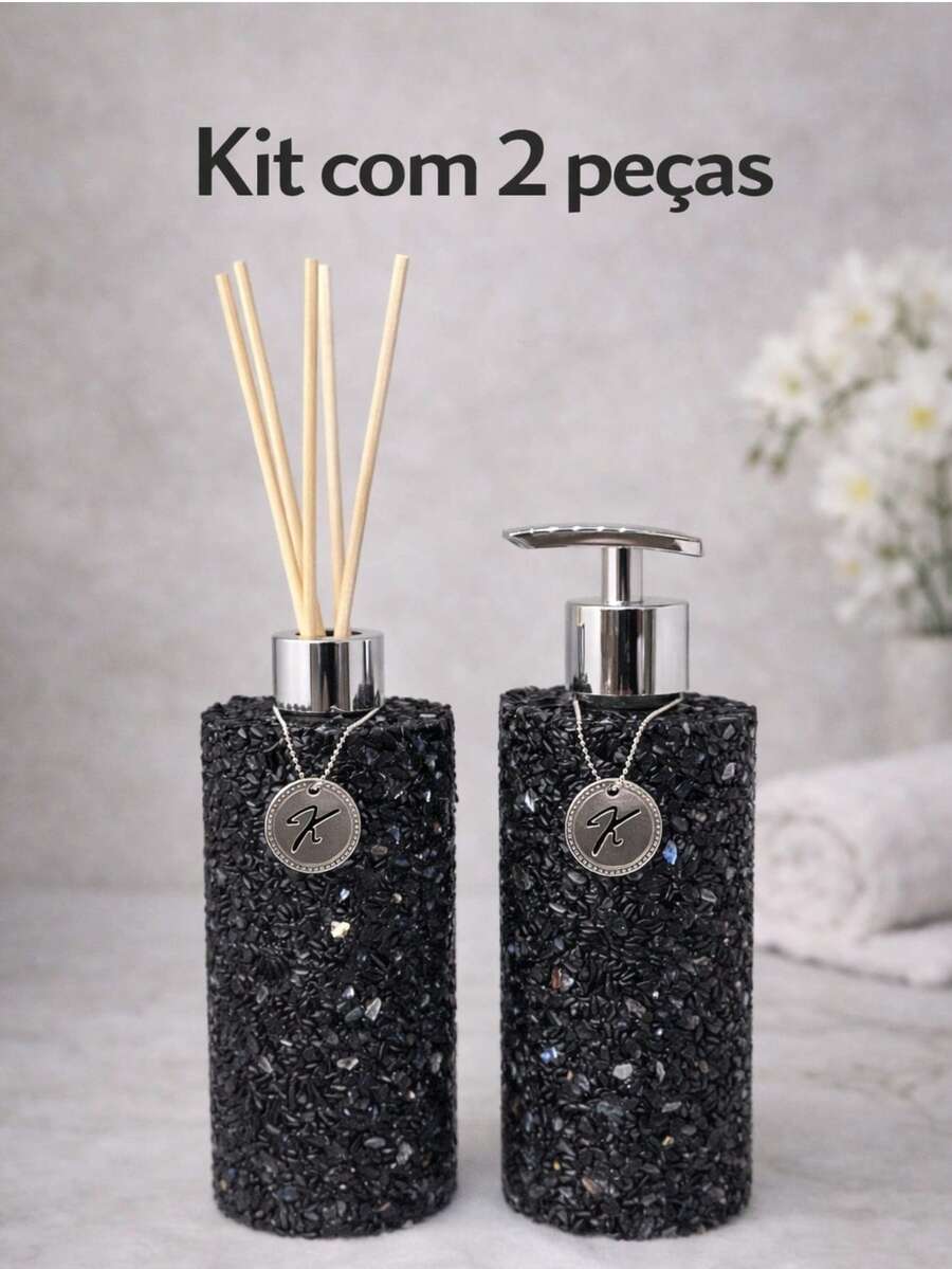 2-Piece Set - Luxury Bathroom Diffuser And Soap Dish In Quartz Crystal/Sodalite/Green/White/Black Stone - Black - View 1