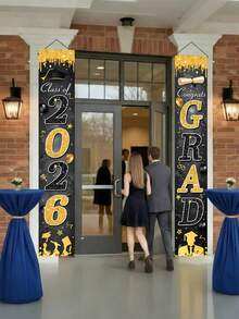3pcs/Set 2026 Black & Gold Glitter Entrance Banner - "Class Of 2026" And "Congratulations On Your Graduation" Outdoor Welcome Sign With Graduation Cap And Diploma Design, Ideal For High School And College Graduation Party Decor - Multicolor - View 5