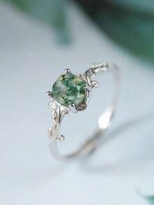 1枚可调节天然苔藓玛瑙戒指，欧式四爪镶嵌设计，奢华海洋风珠宝，适合作为礼物送给女友、闺蜜，也适合情人节、母亲节以及日常佩戴。 - 銀色 - 查看 3