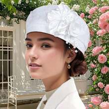 Women Beret Hat With Pearl Flower Breathable Brimless Cap  Fascinators Hats For Tea Party Stage - Màu hồng đậm - Xem 5