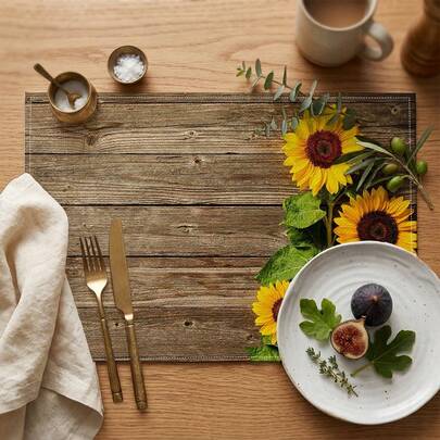 Bộ 2/4/6/8 tấm lót bàn hình chữ nhật in hình hoa hướng dương, thích hợp trang trí bàn ăn gia đình, nhà hàng, các dịp lễ hội, tiệc tùng.