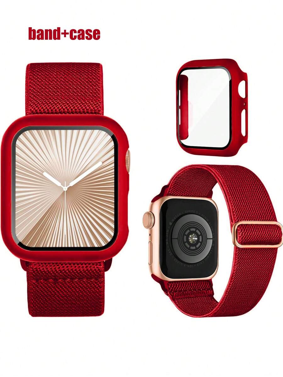 2-In-1 Nylon Sports Watch Band And Case, Compatible With Apple Watch Bands And Cases In Sizes 40mm, 41mm, 42mm, 44mm, 45mm, 46mm, And 49mm. Soft, Breathable, And Elastic Sports Watch Band. Shock-Resistant And Scratch-Resistant PC And Tempered Glass 2-In-1 Watch Case. Compatible With Apple Watch Ultra/11/10/9/8/7/6/5/4/SE For Men And Women. Easy To Wear, Sensitive Touch. - Red - View 1