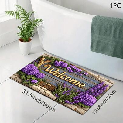 1 tấm thảm thấm hút/thảm lau khô in họa tiết hoa oải hương Lavender Welcome dùng cho máy pha cà phê, chén đĩa - Thảm bảo vệ mặt bàn bằng polyester thấm hút tốt với lớp đế cao su chống trượt, thích hợp trang trí quầy bếp, quầy bar gia đình và bàn ăn.