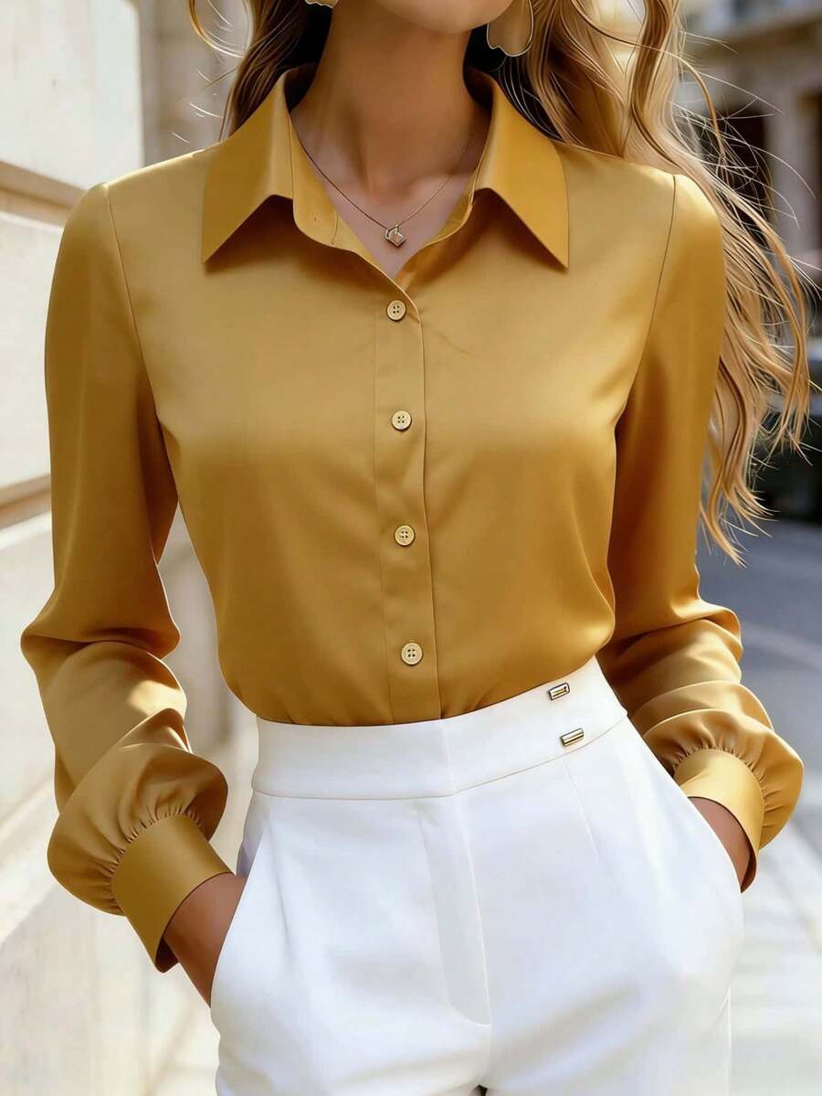 Women's Satin Shirt, Long-Sleeve Button-Up Shirt With Collar, Non-Stretch Regular Fit, Suitable For Summer, Spring, And Autumn - Gold - View 1