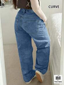 畅销新款美式街头风基本款休闲大码直筒裤，春季女款 - 深色水洗藍 - 查看 4