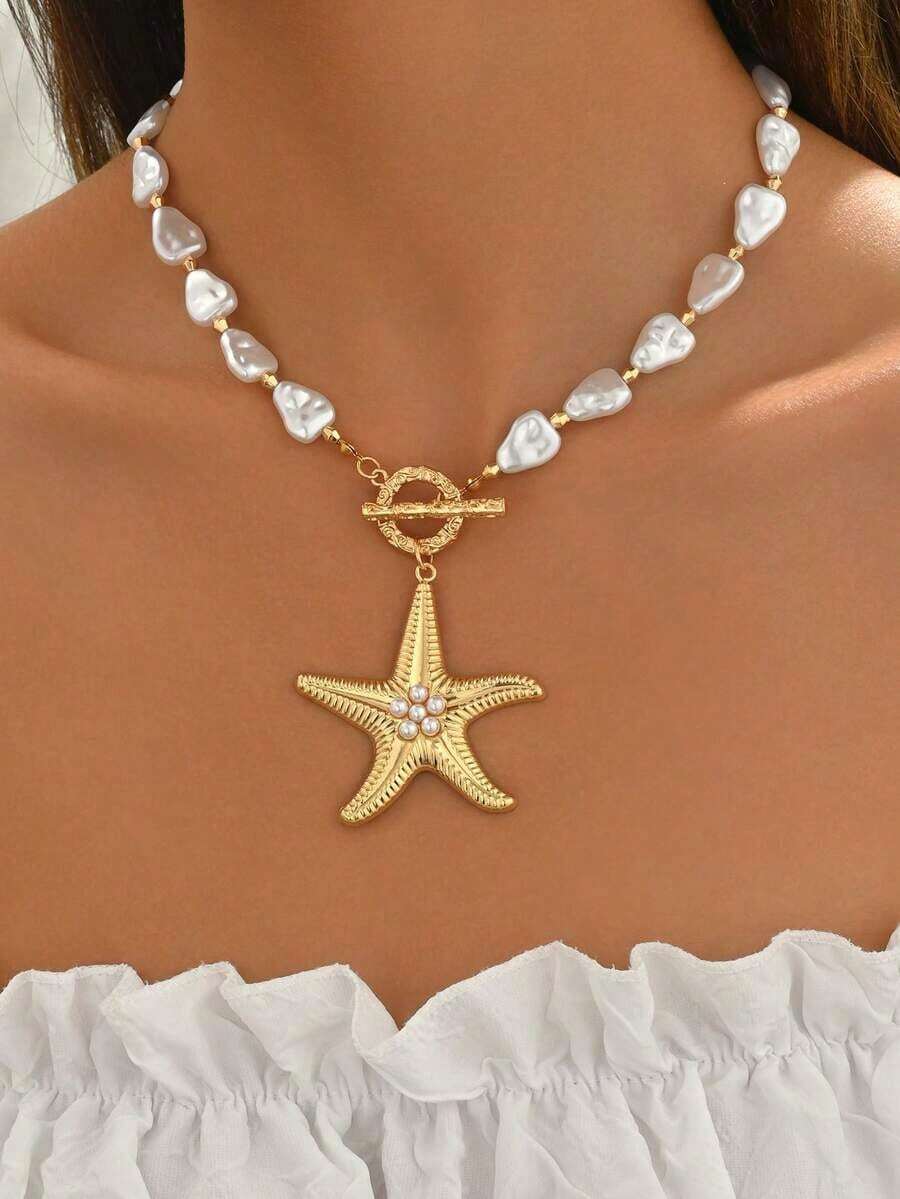 1pc Bohemian Beach Seaside Holiday Starfish Pendant Pearl Necklace, Simple Jewelry Accessory For Daily, Holiday, Party, Dress Matching - 吊墜項鍊 - 查看 1