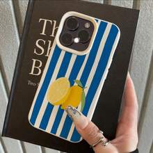 Funda protectora de TPU a prueba de golpes con patrón de rayas azules y limones amarillos para iPhone 16 PRO MAX, 1416 PLUS, 1513 Pro, 1211, muy de moda - Blanco antiguo - Ver 3