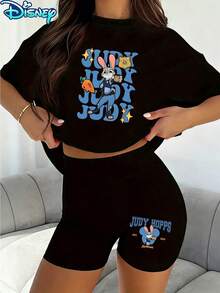 Disney Two-Piece Set, T-Shirt + Shorts Outfit, Cute Judy Hopps Badge Graphic Print Casual Set, Comfortable Short Sleeve T-Shirt And Shorts Ensemble, Perfect For Outdoor Activities - 黑色 - 查看 1