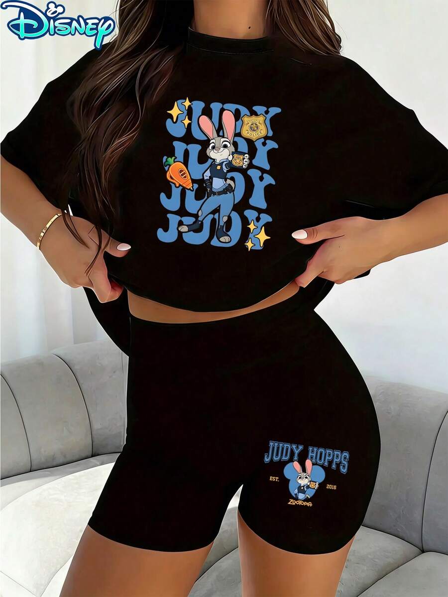 Disney Two-Piece Set, T-Shirt + Shorts Outfit, Cute Judy Hopps Badge Graphic Print Casual Set, Comfortable Short Sleeve T-Shirt And Shorts Ensemble, Perfect For Outdoor Activities - 黑色 - 查看 1