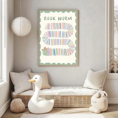 1pc Framed/Unframed Boho Cute Book Worm Bookish Canvas Poster Cozy Book Lover Nursery Wall Art Print Book Nook Reading Corner Sing Decor Painting For Kids Room,Playroom,Bedroom,Modern Home Decoration
