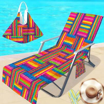 1件复古时尚开放式沙滩椅套，超细纤维速干毛巾，适用于泳池椅，带口袋的沙滩椅套，旅行必备度假配件，波西米亚风格