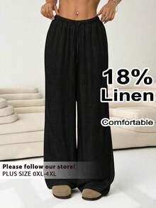 Solflare Plus Size Women Apricot Drawstring Waist Wide Leg Casual Pants Summer Pants,Business Casual Woman - 黑色 - 查看 1