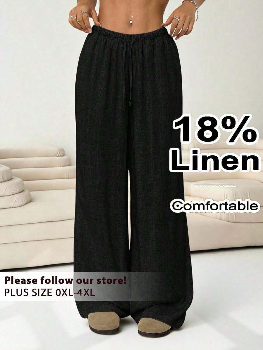 Solflare Plus Size Women Apricot Drawstring Waist Wide Leg Casual Pants Summer Pants,Business Casual Woman - 黑色 - 查看 1