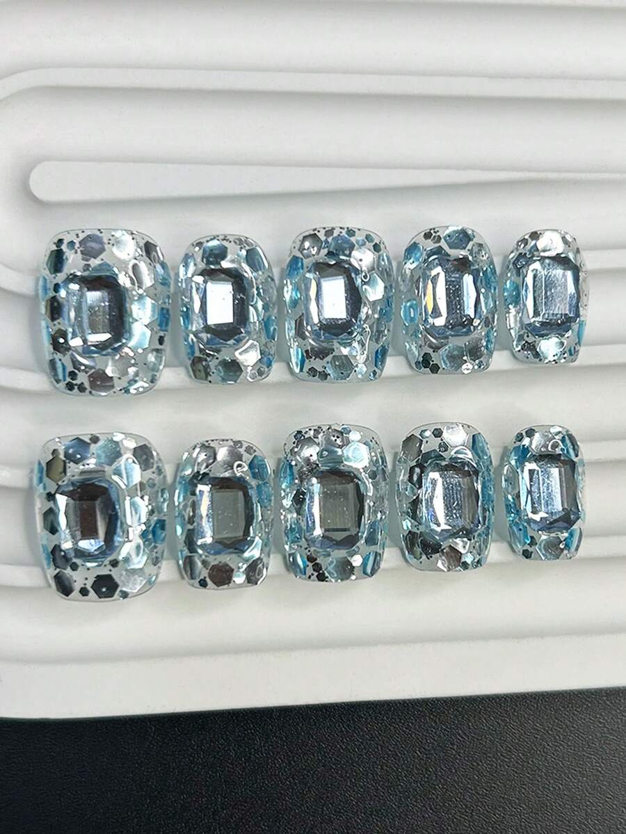 10片夏季奢华手工短款蓝色水钻美甲贴纸，超闪亮可移除可重复使用美甲用品（1张果冻贴纸+1个指甲锉） - 藍色 - 查看 1