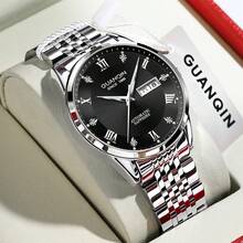 1 pièce Montre GUANQIN étanche et lumineuse, calendrier double, cadran serti de diamants, bracelet en acier inoxydable résistant aux rayures. Montre mécanique à remontage automatique de mode, de luxe, sportive et classique minimaliste pour hommes. Convient pour la Saint-Valentin, les vacances, les sorties, les affaires, le port quotidien, les cadeaux - Or rose - Voir 13