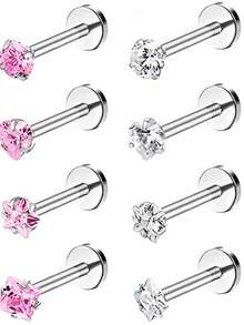 4件/8件/16G扁平心形锆石不锈钢T形耳骨耳环，简约时尚唇环耳环，8毫米耳针长度 - 彩色 - 查看 8