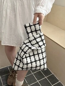 Plaid Wristlet Bag, Niche Design Handheld Bag, Retro Tweed Tote Bag, Versatile Mini Bag For Commuting & Daily Use - Black and White - View 9