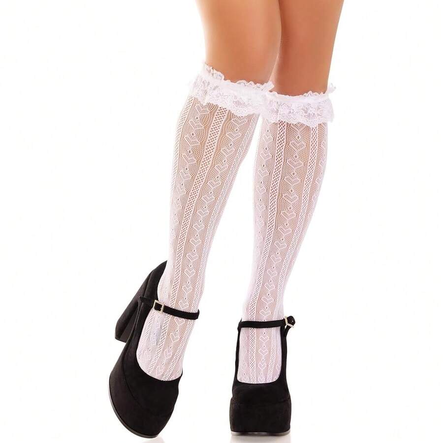 [Free Shipping]Avenue Womens Sweetheart Knit Knee Highs With Lace Ruffle Cuff - 白色 - 查看 1