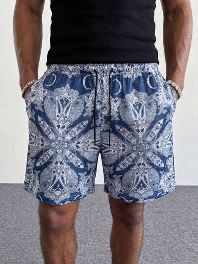 MAISONFOX Men's Vintage Jacquard Casual Shorts,Drawstring Waist Beach Summer Leisure Daily Comfortable Casual Floral Pattern Shorts, Gift For Boyfriends Or Husbands, Beach Shorts