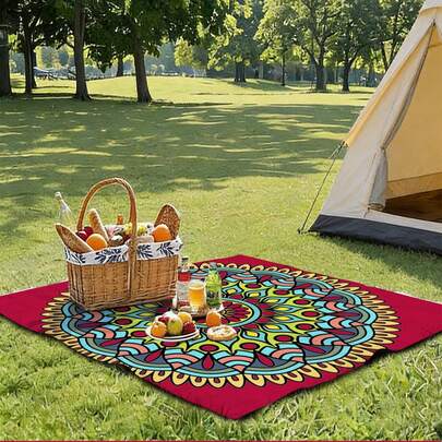 1pc Mandala Pattern Outdoor Beach Blanket, Picnic Mat For Travel, Hiking, Camping, Lawn, Park, Swimming Pool, Outdoor Activities, Picnic Essential, RV Camping Mat, Portable Washable Lightweight Pad