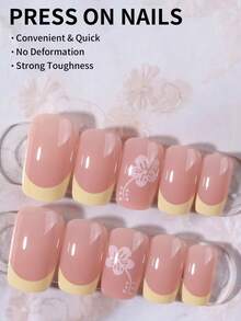 24pcs Short Square Hibiscus Flower & Floral Nail Stickers, Yellow French Style Press-On Nails, Includes 1 Double-Sided Tape & 1 Nail File, Easy To Wear, Suitable For Daily Work, Party And Other Occasions In Summer - Yellow - View 2