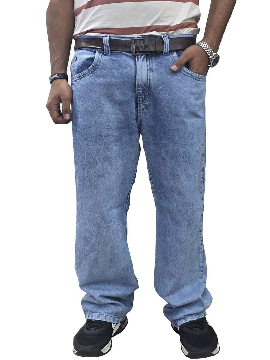 Men's Oversized Wide Leg Balloon Jeans Without Elastane - 中等水洗馬查達 - 查看 1