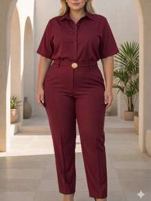 Women's Plus Size Set - Elegant Shirt And Pants - 酒紅色 - 查看 4