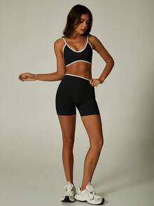 UONNOU 2pcs Sports Set, Including Sports Bra And High Waist Shorts With Contrast Color Trim - Black - View 2