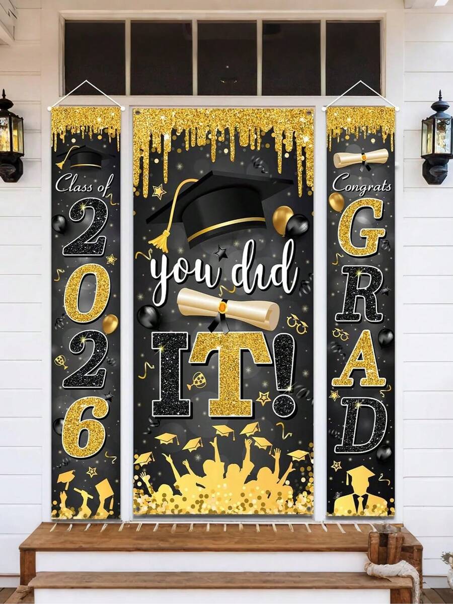 3pcs/Set 2026 Black & Gold Glitter Entrance Banner - "Class Of 2026" And "Congratulations On Your Graduation" Outdoor Welcome Sign With Graduation Cap And Diploma Design, Ideal For High School And College Graduation Party Decor - Multicolor - View 1