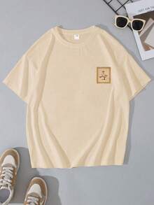 Mädchen Vintage Lustiges T-Shirt, Locker Retro Stempel Enten Muster T-Shirt, Lässiges Rückkehr zur Schule Straßen-Stil Top für den Sommer - Aprikosenfarben - Übersicht 2