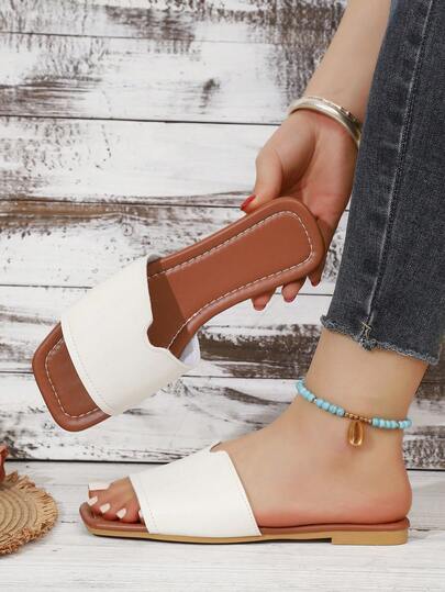 Dép xăng đan đế bằng mũi vuông mới, giày thời trang nữ, dép đi trong nhà và đi biển, dép xăng đan đế bằng màu đen dành cho nữ.