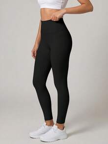 TimeOff 1pc Women High Waist Solid Color Elastic Stitching Slimming Sports Pants - Black - View 10