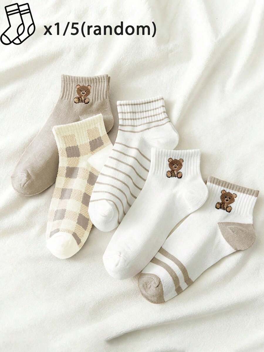 1/5 pares de calcetines de tobillo con diseÃ±o de oso lindo para mujeres, diseÃ±o versÃ¡til y de moda, cÃ³modos y transpirables para todas las estaciones, colores aleatorios