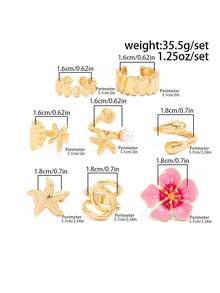 8件套波西米亚海洋风海星贝壳吊坠戒指套装，女士珠宝配饰 - 金色 - 查看 9