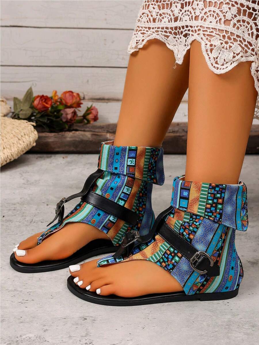 Dép xỏ ngón nữ, kiểu dáng nhẹ, phong cách bohemian mùa hè mới, thoáng khí, đế bằng, in họa tiết, khóa kéo phía sau. - Màu xanh lam - Xem 1