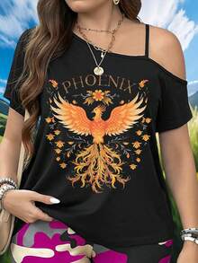 Plus-Size Women's Clothing, Plus-Size Women's Asymmetrical Strap One-Shoulder T-Shirt - Off-Shoulder/One-Shoulder Boat Neck Short-Sleeve Top, Elegant Casual H-Line Cut (Plus Sizes 12W-24W), Suitable For Beach Parties, Daily Wear, And Special Occasions - Spring/Summer Shirt 2026 Off The Shoulder Top - 黑色 - 查看 1