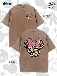 [ Disney Authorization ] Leopard Print Minnie Mouse T-Shirt, Retro Minnie Mouse 2026 Shirt, Disney Trip Shirt, Disney Pattern Tee, Comfortable, Fashionable, Casual Top, Streetwear, Leopard Print Minnie, Suitable For Gatherings, Daily Wear And Vacations, Street, 230G Washed Cotton High-Quality Double-Sided Printed T-Shirt, Men's And Women's T-Shirts - 咖啡棕 - 查看 1