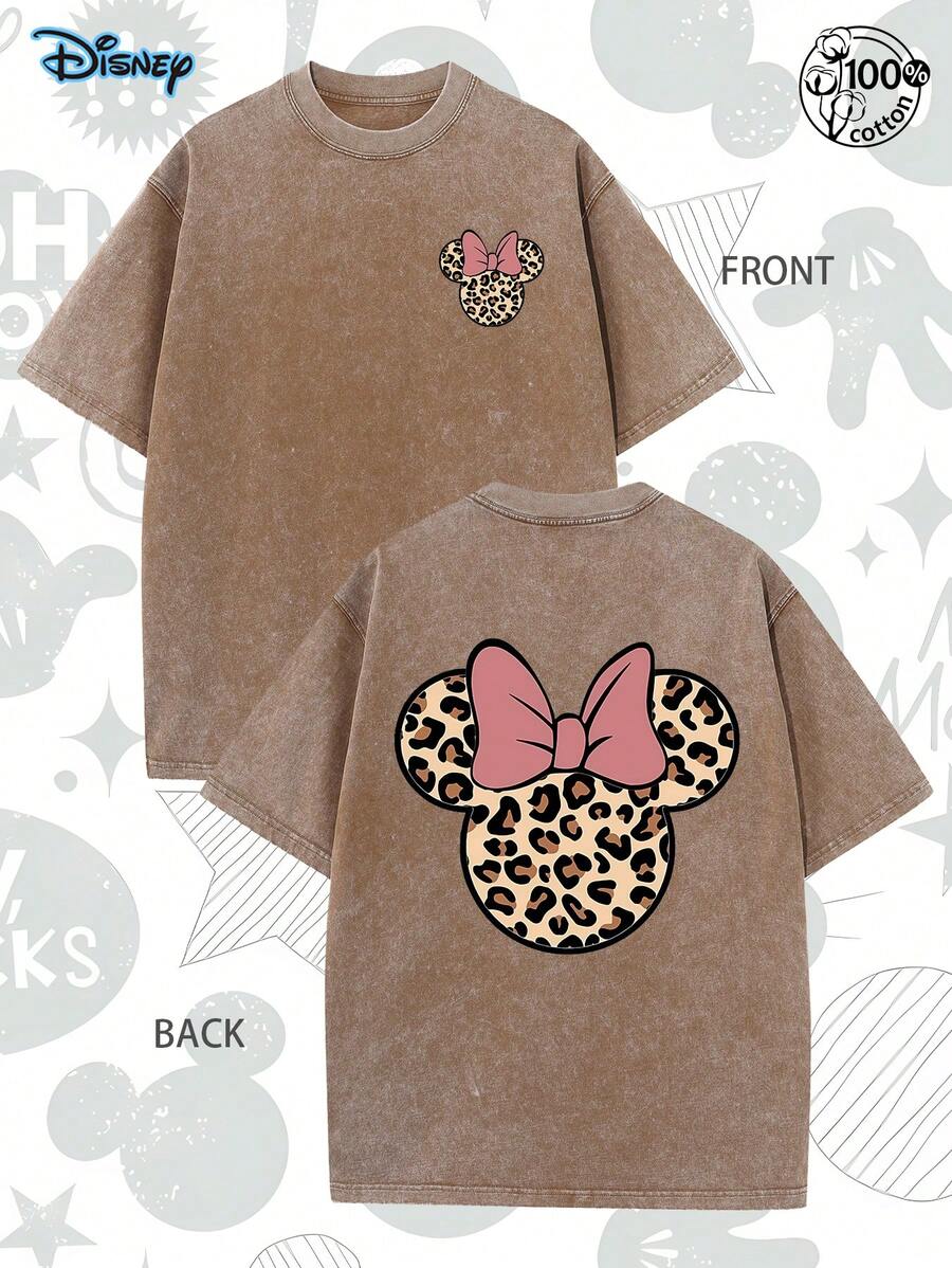 [ Disney Authorization ] Leopard Print Minnie Mouse T-Shirt, Retro Minnie Mouse 2026 Shirt, Disney Trip Shirt, Disney Pattern Tee, Comfortable, Fashionable, Casual Top, Streetwear, Leopard Print Minnie, Suitable For Gatherings, Daily Wear And Vacations, Street, 230G Washed Cotton High-Quality Double-Sided Printed T-Shirt, Men's And Women's T-Shirts - 咖啡棕 - 查看 1